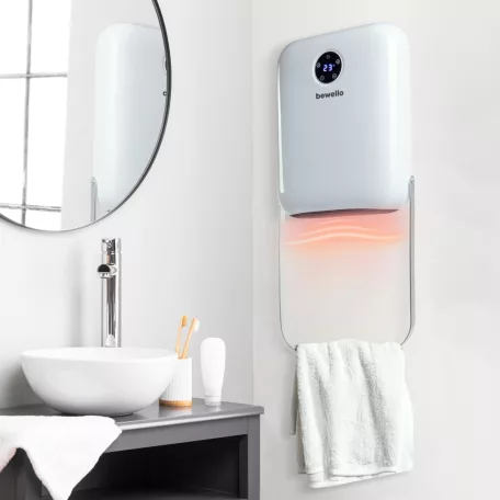 Bewello fürdőszobai fűtőtest, Fali hősugárzó törölközőtartóval - 800/2000W - 240V - fehér fürdőszobai hősugárzó