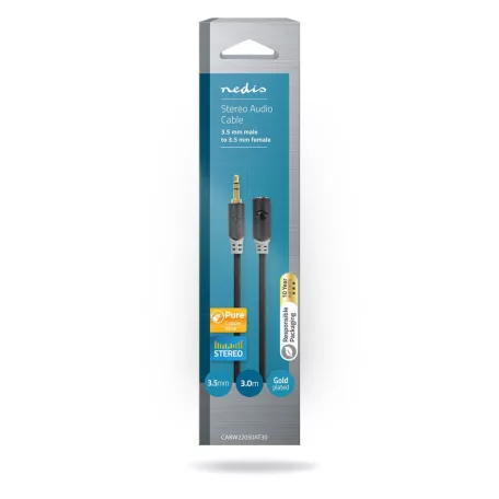 Sztereó audiokábel | 3.5 mm Dugasz | 3.5 mm Aljzat | Aranyozott | 3.00 m | Kerek | Antracit | Doboz