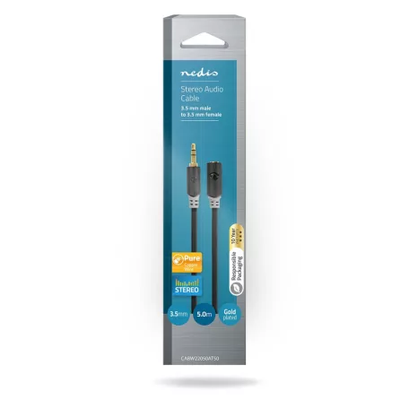 Sztereó audiokábel | 3.5 mm Dugasz | 3.5 mm Aljzat | Aranyozott | 5.00 m | Kerek | Antracit | Doboz
