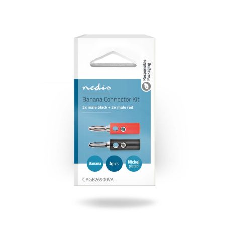 Banán csatlakozó | Egyenes | Dugasz | Nikkelezett | Csavar | Bemenő kábel átmérő: 4.5 mm | PVC | Fekete / Piros | 4 db | Doboz