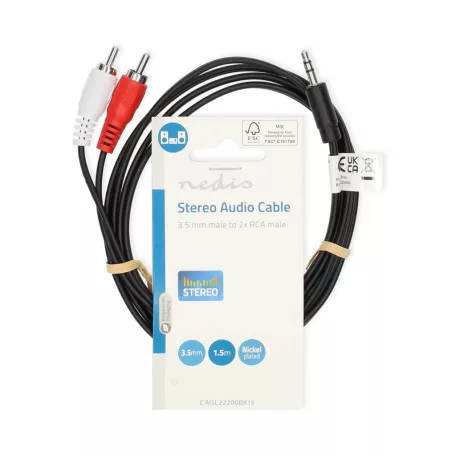 Sztereó audiokábel | 3.5 mm Dugasz | 2x RCA Dugasz | Nikkelezett | 1.50 m | Kerek | Fekete | Label