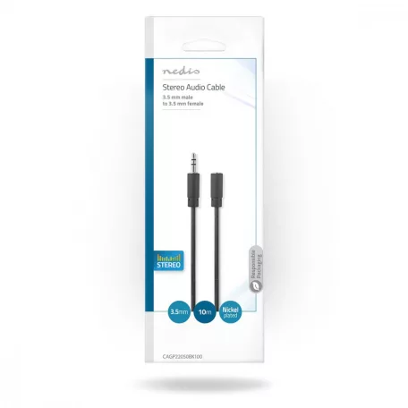 Sztereó audiokábel | 3.5 mm Dugasz | 3.5 mm Aljzat | Nikkelezett | 10.0 m | Kerek | Fekete | Boríték