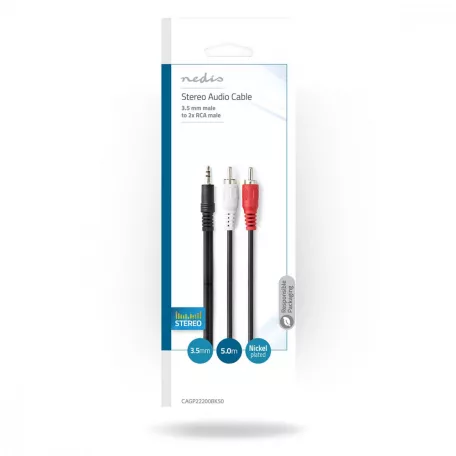 Sztereó audiokábel | 3.5 mm Dugasz | 2x RCA Dugasz | Nikkelezett | 5.00 m | Kerek | Fekete | Boríték