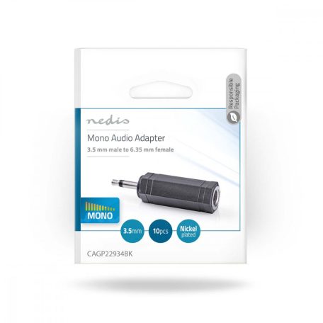 Mono audio adapter | 3.5 mm Dugasz | 6.35 mm Aljzat | Nikkelezett | Egyenes | ABS | Fekete | 10 db | Műanyag Zacskó