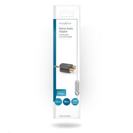 Sztereó audio adapter | 3.5 mm Dugasz | 2x RCA Aljzat | Aranyozott | Egyenes | ABS | Fekete | 10 db | Boríték