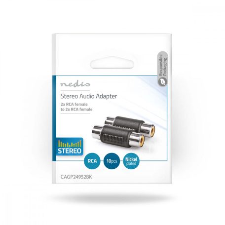 Sztereó audio adapter | 2x RCA Aljzat | 2x RCA Aljzat | Nikkelezett | Egyenes | ABS | Fekete | 10 db | Boríték