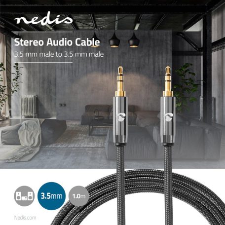 Sztereó audiokábel | 3.5 mm Dugasz | 3.5 mm Dugasz | Aranyozott | 1.00 m | Kerek | Antracit / Gun Metal Szürke | Ablakos Fedő Doboz