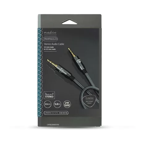 Sztereó audiokábel | 3.5 mm Dugasz | 3.5 mm Dugasz | Aranyozott | 5.00 m | Kerek | Gun Metal Szürke / Szürke | Ablakos Fedő Doboz