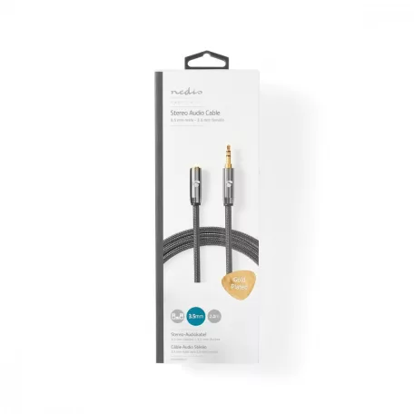 Sztereó audiokábel | 3.5 mm Dugasz | 3.5 mm Aljzat | Aranyozott | 2.00 m | Kerek | Gun Metal Szürke / Szürke | Ablakos Fedő Doboz