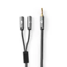 Sztereó audiokábel | 3.5 mm Dugasz | 2 db 3.5 mm-es Aljzat | Aranyozott | 0.20 m | Kerek | Gun Metal Szürke / Szürke | Ablakos Fedő Doboz