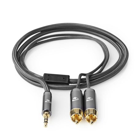 Sztereó audiokábel | 3.5 mm Dugasz | 2x RCA Dugasz | Aranyozott | 1.00 m | Kerek | Gun Metal Szürke / Szürke | Ablakos Fedő Doboz