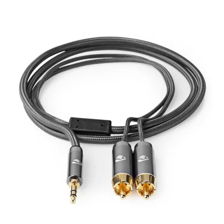 Sztereó audiokábel | 3.5 mm Dugasz | 2x RCA Dugasz | Aranyozott | 2.00 m | Kerek | Gun Metal Szürke / Szürke | Ablakos Fedő Doboz