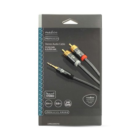 Sztereó audiokábel | 3.5 mm Dugasz | 2x RCA Dugasz | Aranyozott | 5.00 m | Kerek | Gun Metal Szürke | Ablakos Fedő Doboz