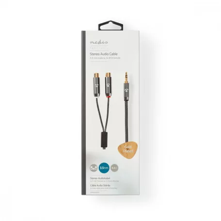 Sztereó audiokábel | 3.5 mm Dugasz | 2x RCA Aljzat | Aranyozott | 0.20 m | Kerek | Gun Metal Szürke / Szürke | Ablakos Fedő Doboz