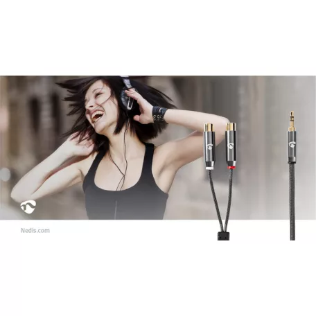 Sztereó audiokábel | 3.5 mm Dugasz | 2x RCA Aljzat | Aranyozott | 0.20 m | Kerek | Gun Metal Szürke / Szürke | Ablakos Fedő Doboz