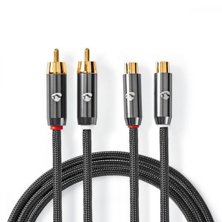 Sztereó audiokábel | 2x RCA Dugasz | 2x RCA Aljzat | Aranyozott | 2.00 m | Kerek | Gun Metal Szürke / Szürke | Ablakos Fedő Doboz