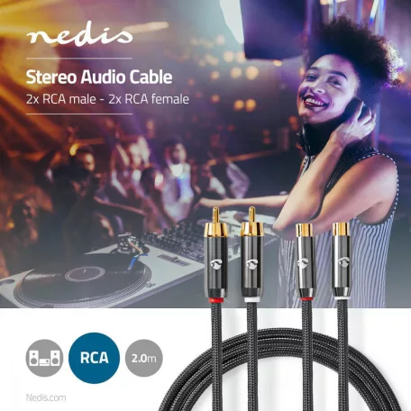 Sztereó audiokábel | 2x RCA Dugasz | 2x RCA Aljzat | Aranyozott | 2.00 m | Kerek | Gun Metal Szürke / Szürke | Ablakos Fedő Doboz