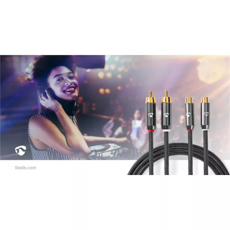 Sztereó audiokábel | 2x RCA Dugasz | 2x RCA Aljzat | Aranyozott | 2.00 m | Kerek | Gun Metal Szürke / Szürke | Ablakos Fedő Doboz