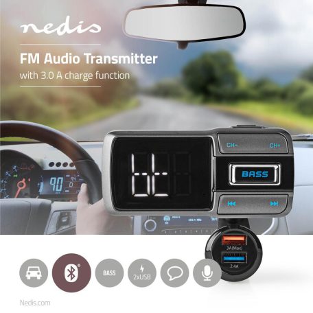 Car Audio FM Transmitter | Hattyúnyak | Kéz nélküli hívás | 2.0 " | LCD Képernyő | Bluetooth® | QC 3.0 / 5.0 V DC / 2.4 A | Gyors töltés | Basszus kiemelés | Google Assistant / Siri | Fekete / Szürke