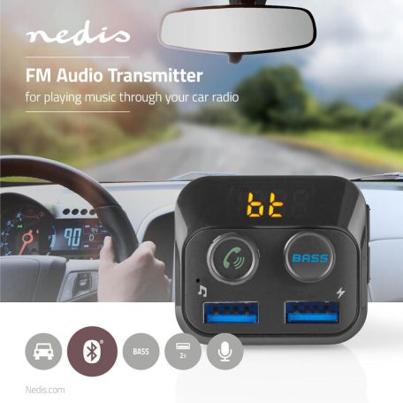 Car Audio FM Transmitter | Rögzített | Kéz nélküli hívás | 1.0 " | LCD Képernyő | Bluetooth® | 5.0 V DC / 1.0 A / 5.0 V DC / 2.4 A | Basszus kiemelés | Google Assistant / Siri | Fekete