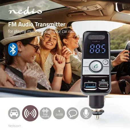Car Audio FM Transmitter | Billenthető | Kéz nélküli hívás | 1.1 " | LCD Képernyő | Bluetooth® | PD 18 W / 5.0 V DC / 1.0 A | Gyors töltés | Google Assistant / Siri | Fekete / Szürke