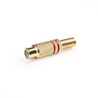 RCA csatlakozó | Egyenes | Aljzat | Aranyozott | Forrasztó | Bemenő kábel átmérő: 4.8 mm | Fém | Arany / Piros | 25 db | Műanyag Zacskó