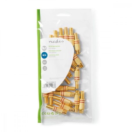 RCA csatlakozó | Egyenes | Aljzat | Aranyozott | Forrasztó | Bemenő kábel átmérő: 4.8 mm | Fém | Arany / Piros | 25 db | Műanyag Zacskó