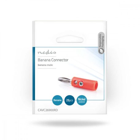 Banán csatlakozó | Egyenes | Dugasz | Nikkelezett | Csavar | Bemenő kábel átmérő: 4.5 mm | PVC | Piros | 25 db | Műanyag Zacskó