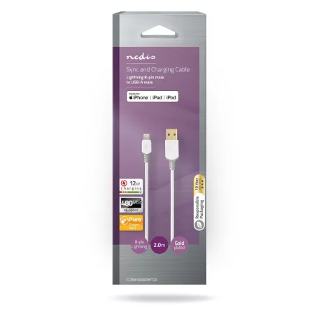 Lightning Kábel | USB 2.0 | Apple Lightning, 8 Pólusú | USB-A Dugasz | 480 Mbps | Aranyozott | 2.00 m | Kerek | PVC | Fehér / Szürke | Doboz