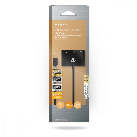 USB Többportos Adapter | USB 3.2 Gen 1 | USB-C™ Dugasz | HDMI™ Kimenet / USB-A Aljzat / USB-C™ Aljzat | 5 Gbps | 0.20 m | Kerek | Aranyozott | PVC | Antracit | Ablakos Doboz