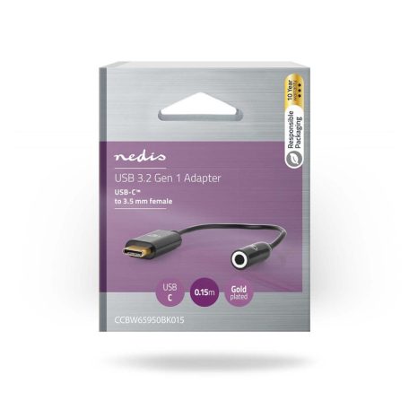 USB-C™ Adapter | USB 3.2 Gen 1 | USB-C™ Dugasz | 3.5 mm Aljzat | 0.15 m | Kerek | Nikkelezett | PVC | Fekete | Doboz