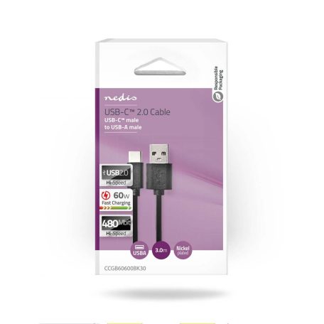 USB kábel | USB 2.0 | USB-C™ Dugasz | USB-A Dugasz | 15 W | 480 Mbps | Nikkelezett | 3.00 m | Kerek | PVC | Fekete | Doboz
