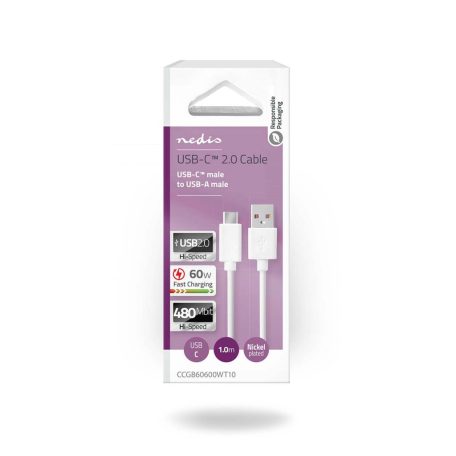 USB kábel | USB 2.0 | USB-A Dugasz | USB-C™ Dugasz | 60 W | 480 Mbps | Nikkelezett | 1.00 m | Kerek | PVC | Fehér | Doboz