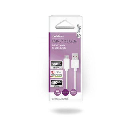 USB kábel | USB 2.0 | USB-A Dugasz | USB-C™ Dugasz | 60 W | 480 Mbps | Nikkelezett | 2.00 m | Kerek | PVC | Fehér | Doboz