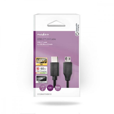 USB kábel | USB 2.0 | USB-C™ Dugasz | USB Micro-B Dugasz | 60 W | 480 Mbps | Nikkelezett | 1.00 m | Kerek | PVC | Fekete | Buborékfólia