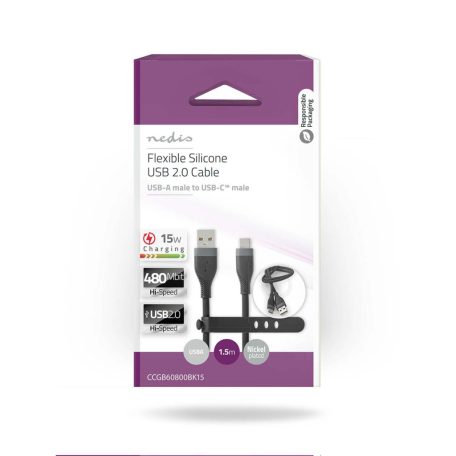 USB kábel | USB 2.0 | USB-A Dugasz | USB-C™ Dugasz | 15 W | 480 Mbps | Nikkelezett | 1.50 m | Kerek | Szilikon | Fekete | Doboz