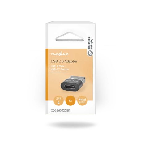 USB-A Adapter | USB 2.0 | USB-A Dugasz | USB-C™ Aljzat | 480 Mbps | Kerek | Nikkelezett | Fekete | Doboz