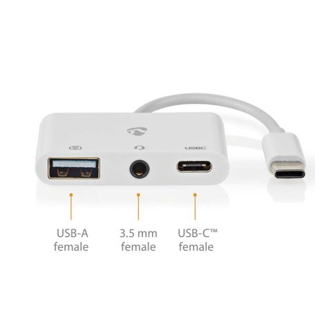 USB Többportos Adapter | USB 2.0 | USB-C™ Dugasz | USB-A Aljzat / USB-C™ Aljzat / 3.5 mm Aljzat | 480 Mbps | 0.10 m | Kerek | Nikkelezett | PVC | Fehér | Doboz