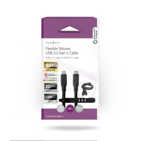 USB kábel | USB 3.2 Gen 2 | USB-C™ Dugasz | USB-C™ Dugasz | 240 W | 8K@30Hz | 20 Gbps | Nikkelezett | 1.00 m | Kerek | Szilikon | Fekete | Doboz