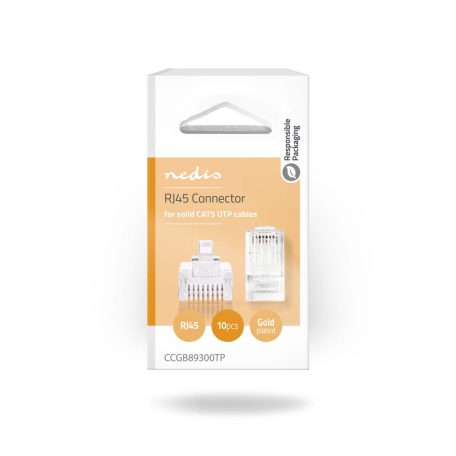 RJ45 csatlakozó | Dugasz | Solid UTP CAT5e | Egyenes | Aranyozott | 10 db | PVC | Átlátszó | Doboz