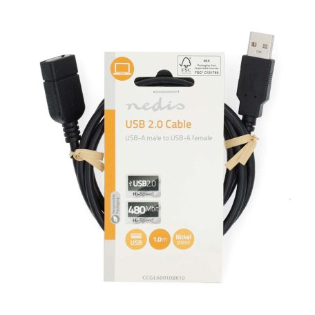 USB kábel | USB 2.0 | USB-A Dugasz | USB-A Aljzat | 480 Mbps | Nikkelezett | 1.00 m | Kerek | PVC | Fekete | Label
