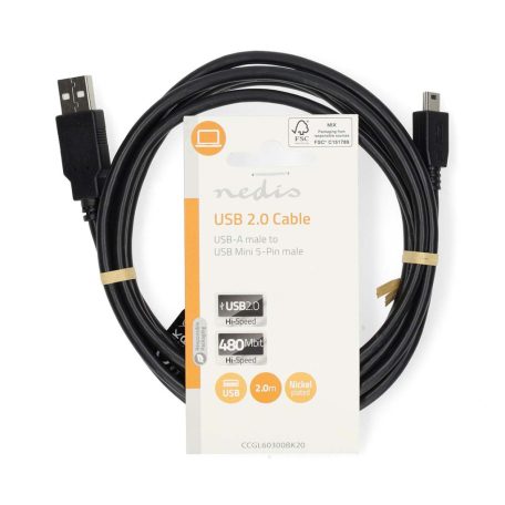 USB kábel | USB 2.0 | USB-A Dugasz | USB Mini-B 5 Érintkezős Dugasz | 480 Mbps | Nikkelezett | 2.00 m | Kerek | PVC | Fekete | Label
