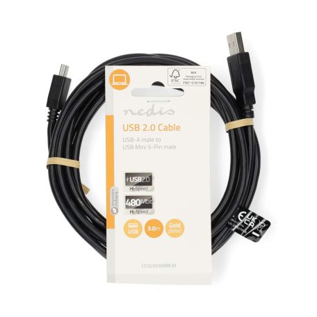 USB kábel | USB 2.0 | USB-A Dugasz | USB Mini-B 5 Érintkezős Dugasz | 480 Mbps | Nikkelezett | 3.00 m | Kerek | PVC | Fekete | Label