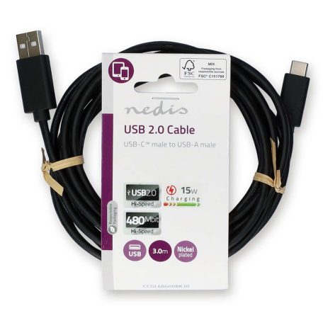 USB kábel | USB 2.0 | USB-A Dugasz | USB-C™ Dugasz | 15 W | 480 Mbps | Nikkelezett | 3.00 m | Kerek | PVC | Fekete | Label
