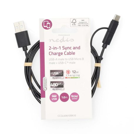 2 az 1-ben kábel | USB 2.0 | USB-A Dugasz | USB Micro-B Dugasz / USB-C™ Dugasz | 480 Mbps | 1.00 m | Nikkelezett | Kerek | PVC | Fekete | Label