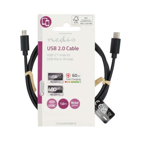 USB kábel | USB 2.0 | USB-C™ Dugasz | USB Micro-B Dugasz | 60 W | 480 Mbps | Nikkelezett | 1.00 m | Kerek | PVC | Fekete | Label