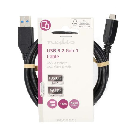 USB kábel | USB 3.2 Gen 1 | USB-A Dugasz | USB Micro-B Dugasz | 5 Gbps | Nikkelezett | 1.00 m | Kerek | PVC | Fekete | Label