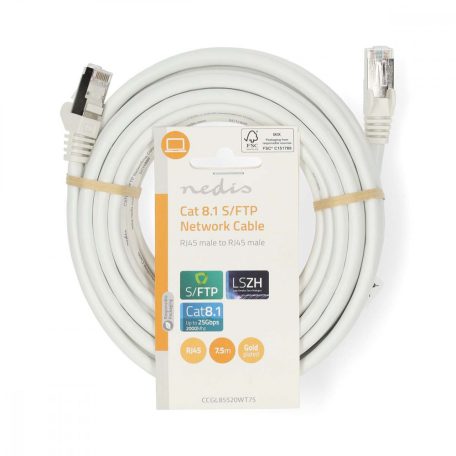 Cat 8.1 hálózati kábel | S/FTP | RJ45 Dugasz | RJ45 Dugasz | 7.50 m | Kerek | LSZH | Fehér | Label