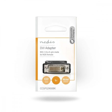 DVI adapter | DVI-I 24+5-Pin Dugasz | VGA Aljzat | Nikkelezett | Egyenes | PVC | Fekete | Boríték