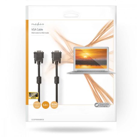 VGA kábel | VGA Dugasz | VGA Dugasz | Nikkelezett | Maximális felbontás: 1280x768 | 5.00 m | Kerek | ABS | Fekete | Boríték